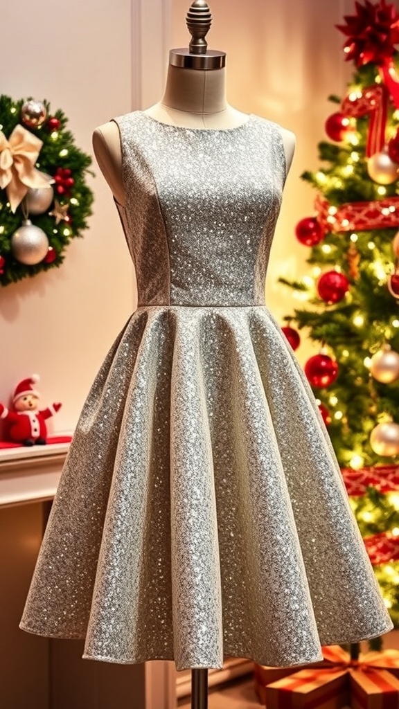 Glittery Christmas Dress Recipe A glittery Christmas dress on a mannequin with festive decorations in the background.